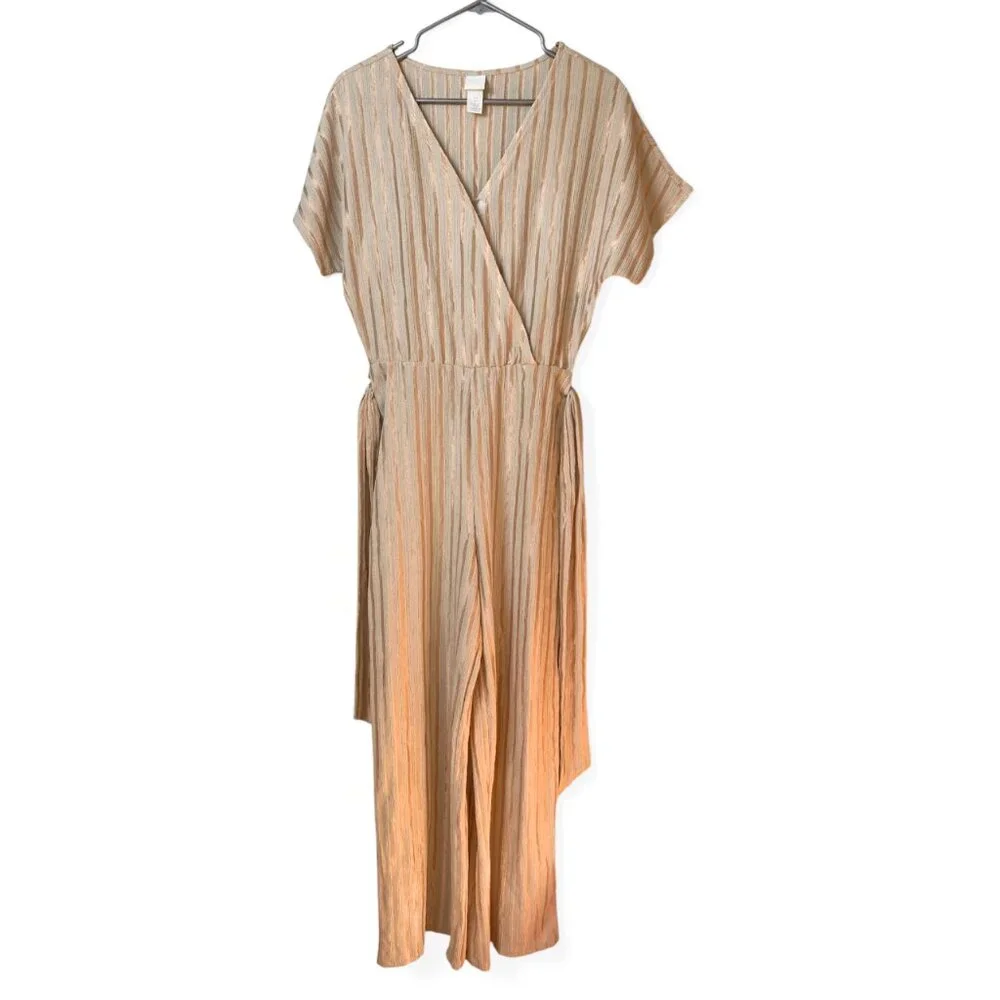 H&M Gold & Taupe Metallic Striped Wrap Jumpsuit, Wide Leg, Small - Picture 3 of 5